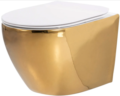 Rea WC - CARLO RIMLESS WHITE/GOLD SO SEDÁTKOM DUROPLAST/FLAT/KP ZÁVESNÁ MISA, zlatá/biela keramická REA-C0669