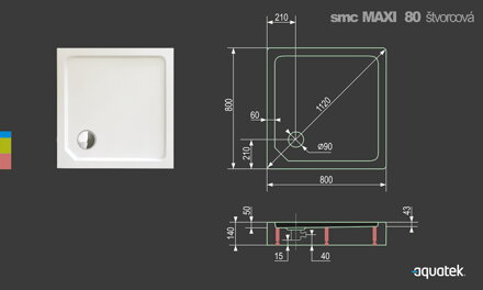 Aquatek SMC MAXI ŠTVORCOVÁ SPRCHOVÁ VANIČKA 80x80 biela z tvrdeného polyméru