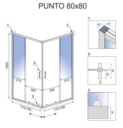 Rea PUNTO ŠTVORCOVÝ SPRCHOVÝ KÚT 80x80, chróm, sklo číre REA-K0863