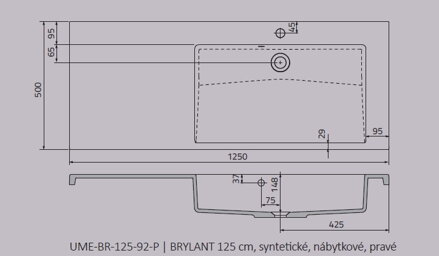 Oristo BRYLANT UMÝVADLO NÁBYTKOVÉ 125 cm, pravé, liaty mramor