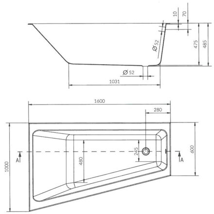 Cersanit CREA 160x100 ASYMETRICKÁ VAŇA, akrylátová, ľavá biela, vrátane nožičiek S301-232